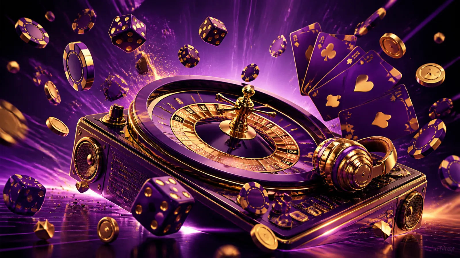A luxurious casino-themed hero banner for Winbeatz showcasing floating poker chips, vibrant neon accents, and a dramatic spot